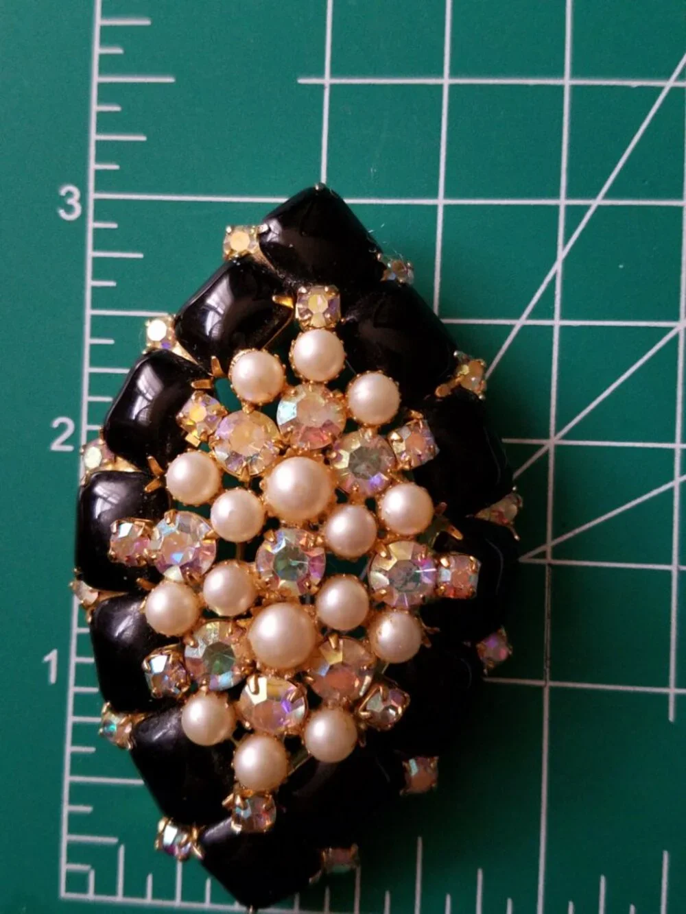 Vintage Black Glass with Faux Pearls and Rhinestone Domed Brooch